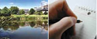 A view of the campus and a person putting pen to paper