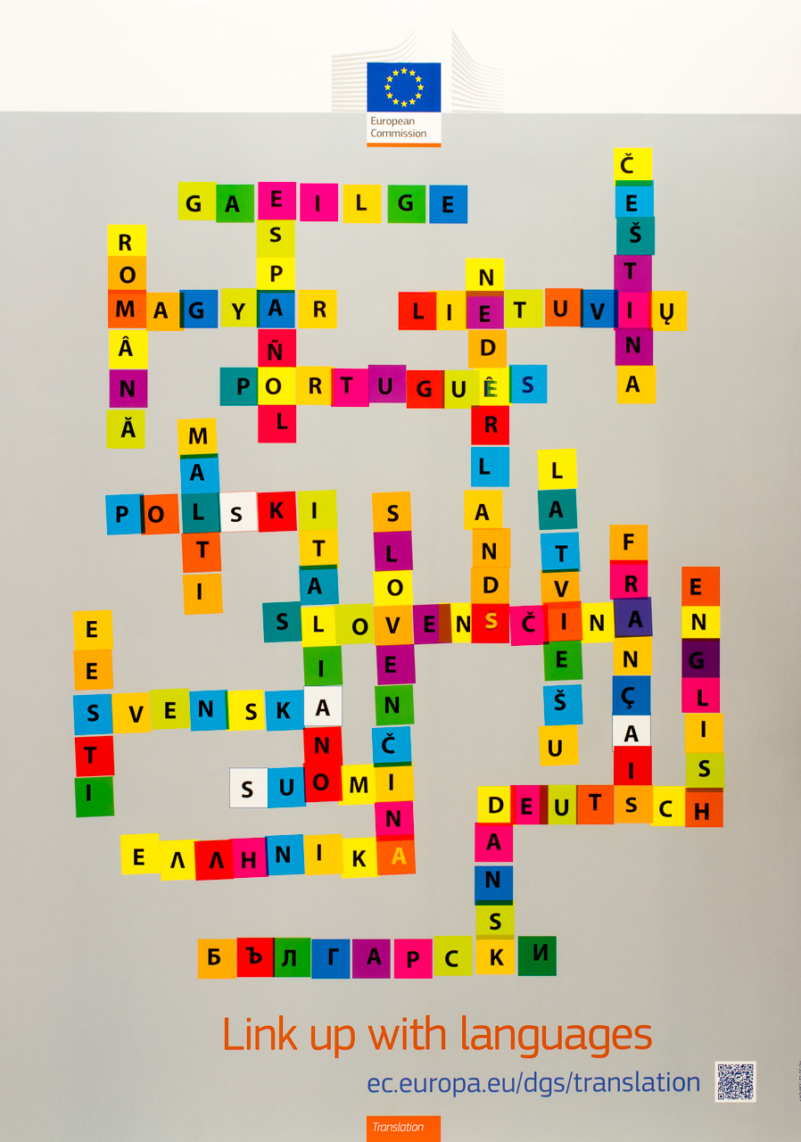 Colour poster (59.5 cm x 84 cm) entitled ‘Link up with languages’, 2012. Features multi-coloured scrabble pieces spelling out different EU languages, with the logo of the European Union.