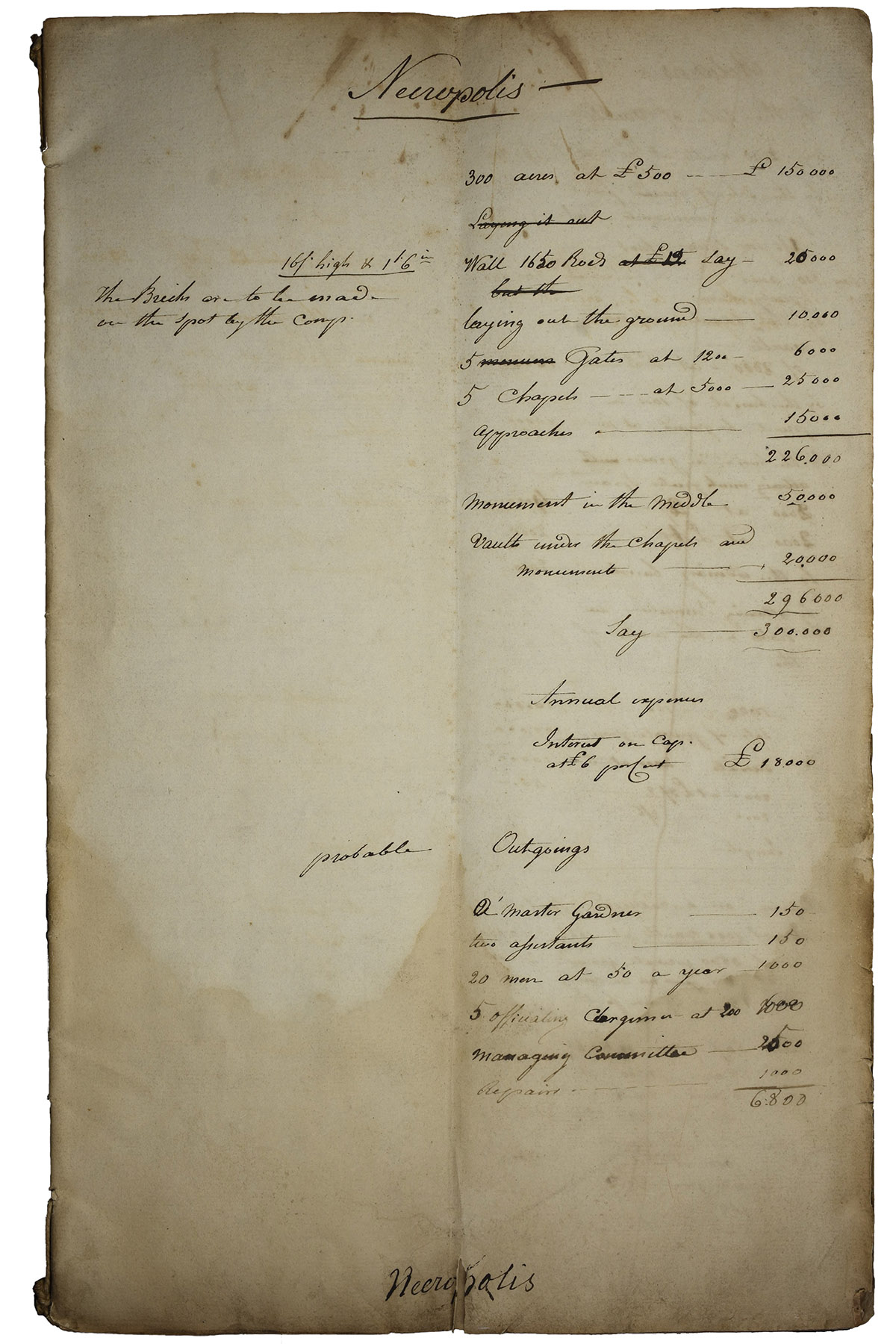 10pp bound manuscript draft entitled 'Necropolis', 1825.