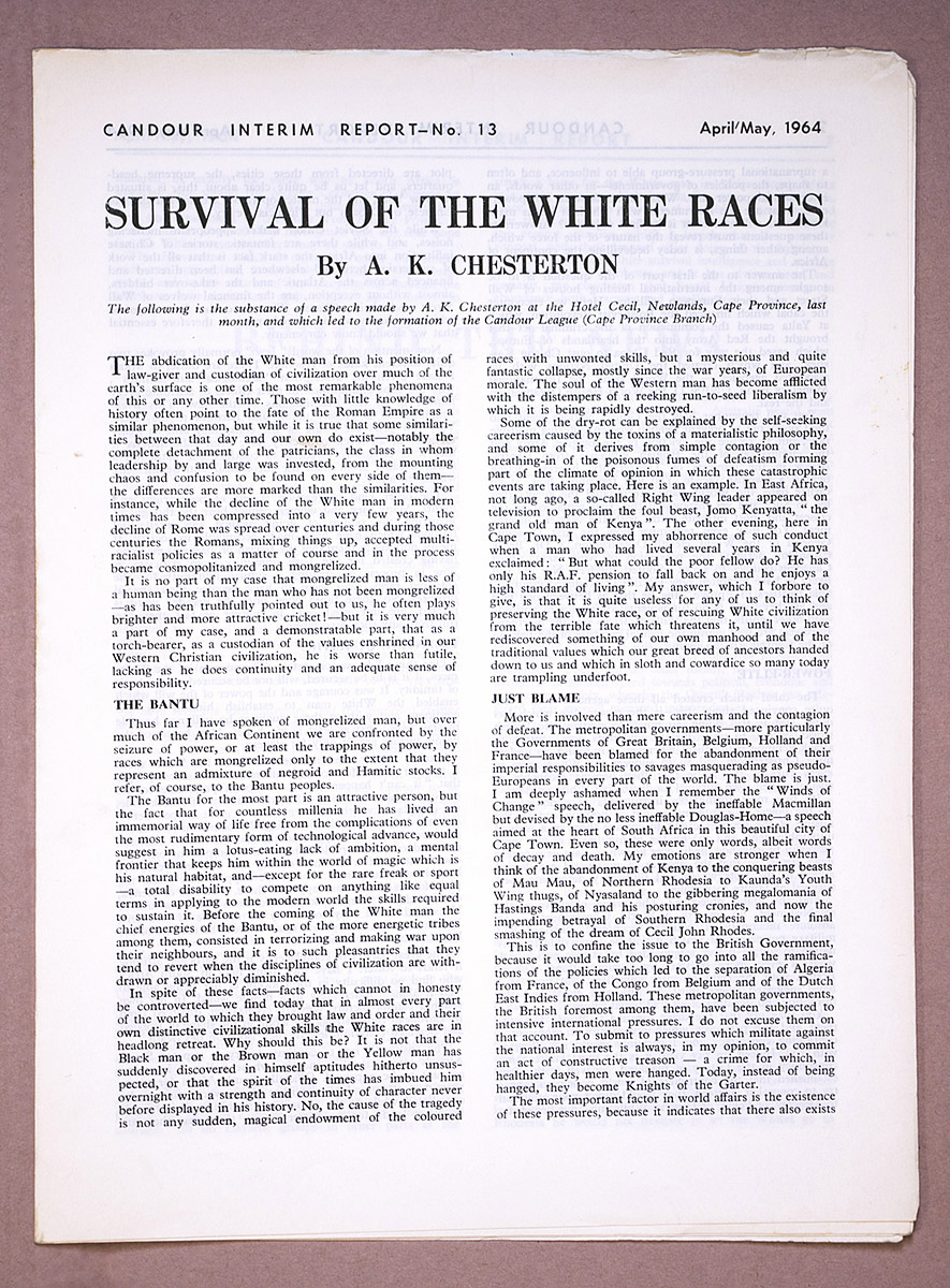 A.K. Chesterton, 'Survival of the White Races', Candour Interim Report, 13, April/May, 1964, pp. 1-3.