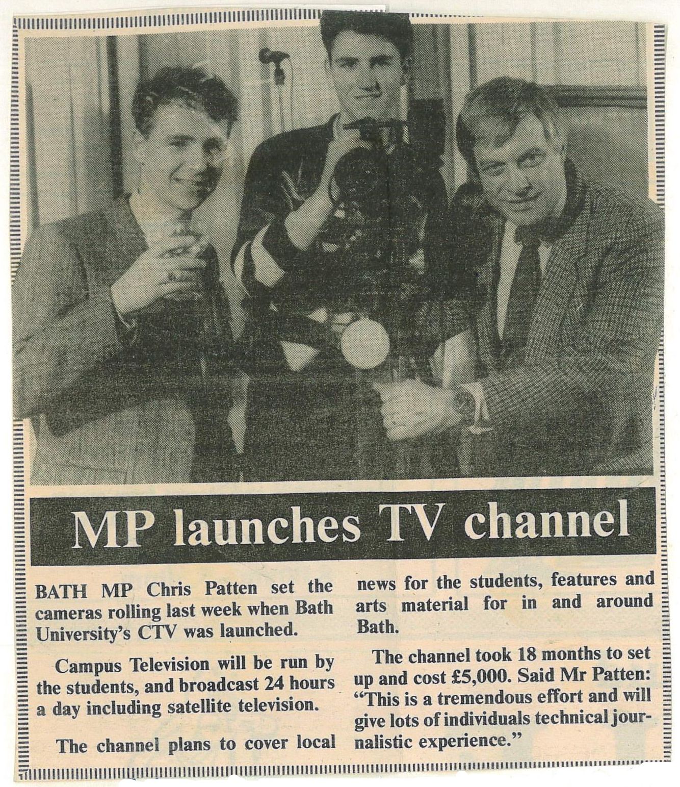 Press cutting relating to the official launch of University of Bath CampusTV by Chris Patten, Bath & District Advertiser, 17 February 1989.