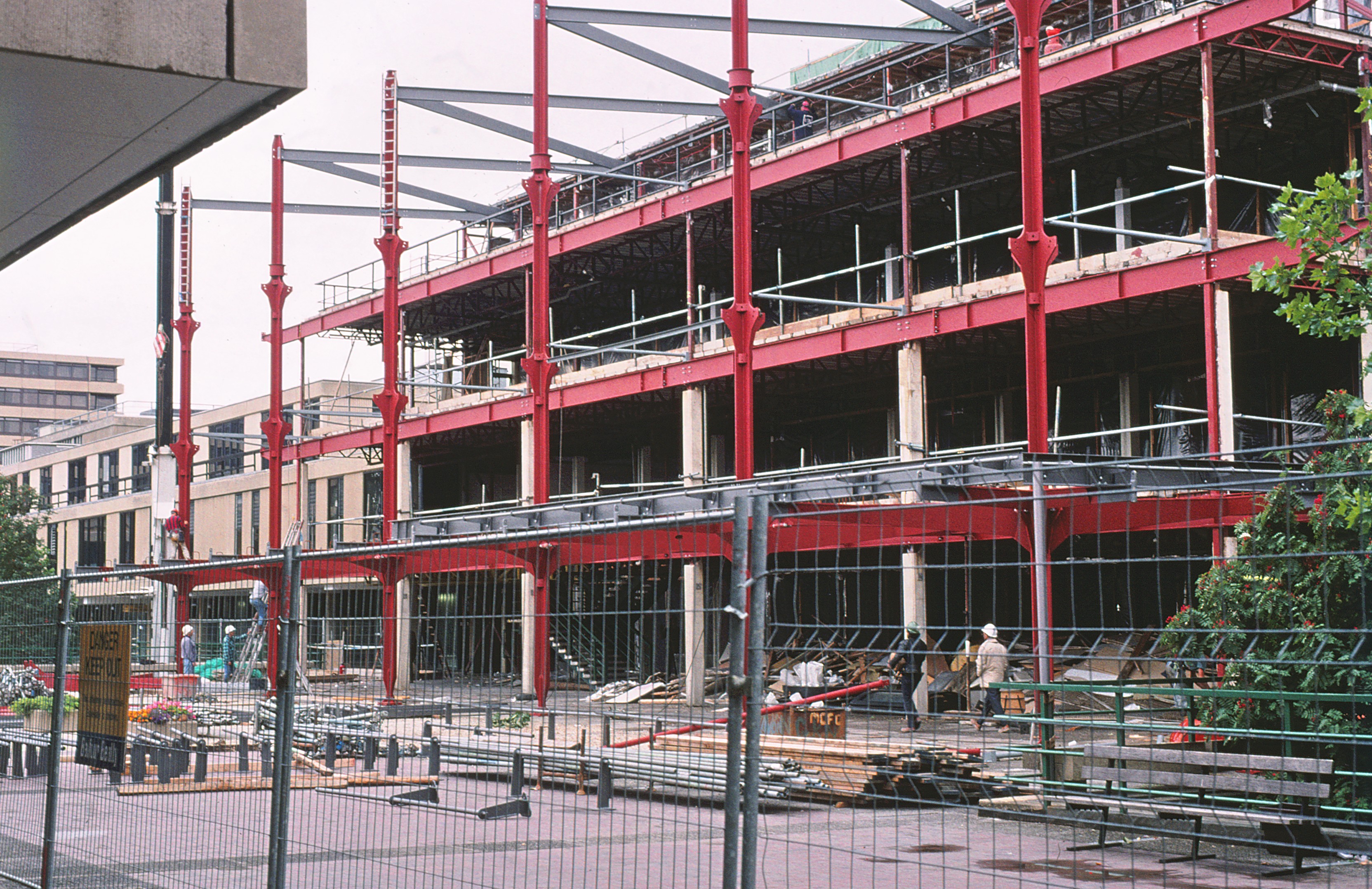 Colour photographic image showing extension and refurbishment of the University Library (exterior) in progress, October 1995.