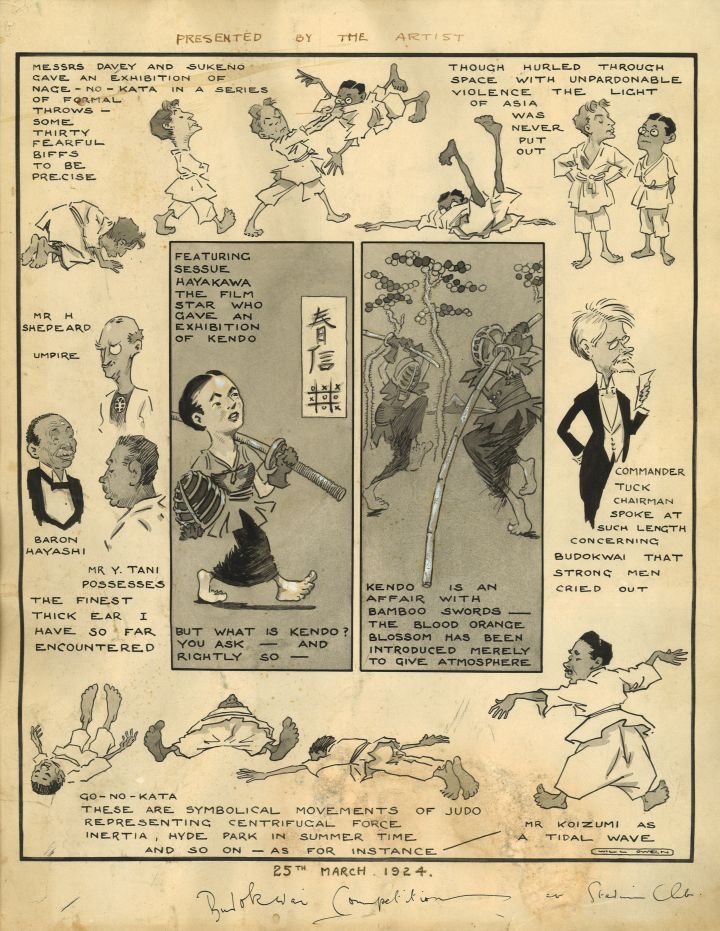 Poster with pen and ink cartoon drawings of Japanese martial arts and caricatures of judo personalities by Will Owen (1869-1947), illustrator and poster designer, 25 March 1924.