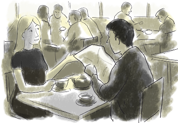 Lilly and Chen meeting in a tea house.