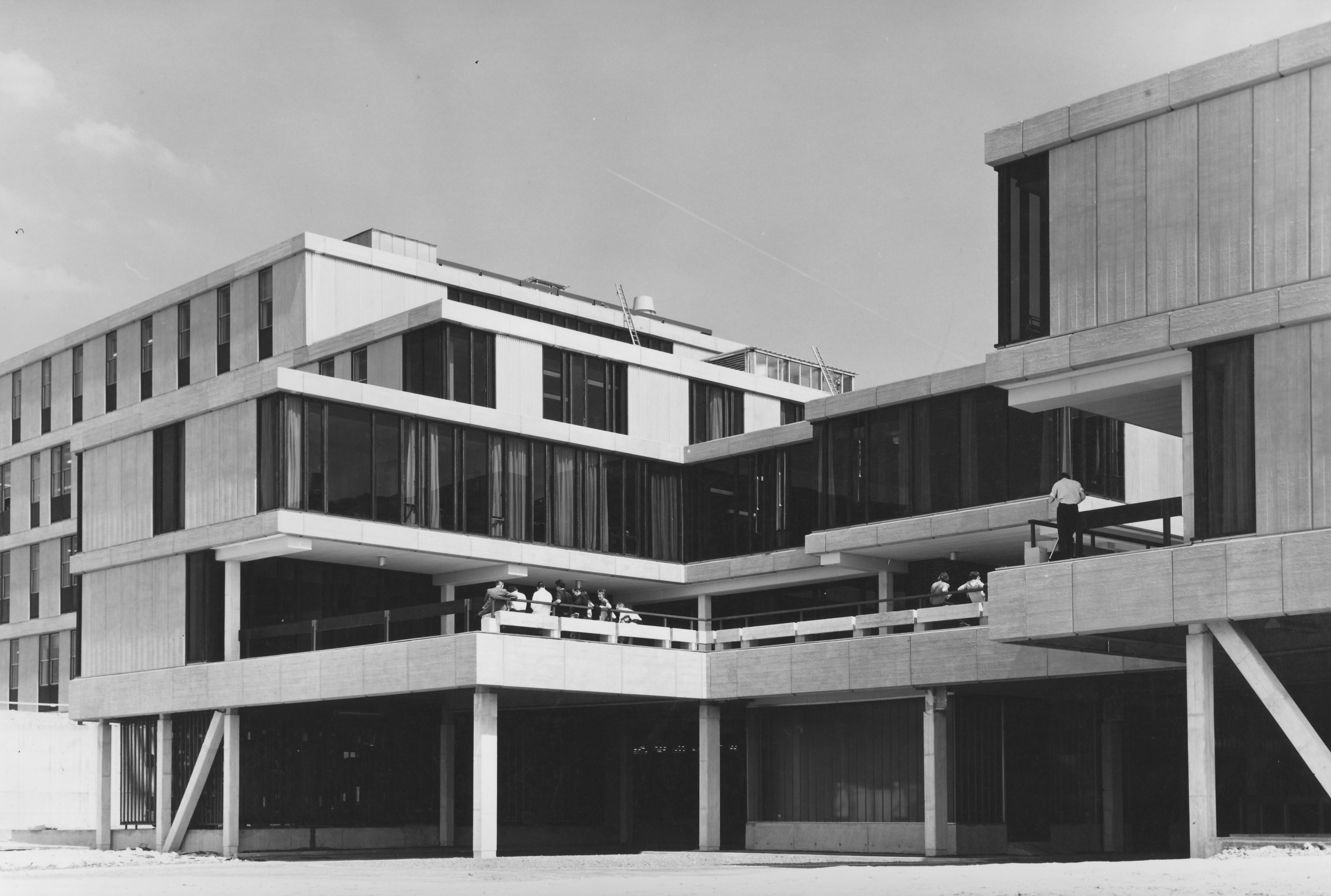 Black and white photographic image showing Claverton Down campus buildings, 3 West (Physics) and 4 West (Chemistry) on completion, May 1968.