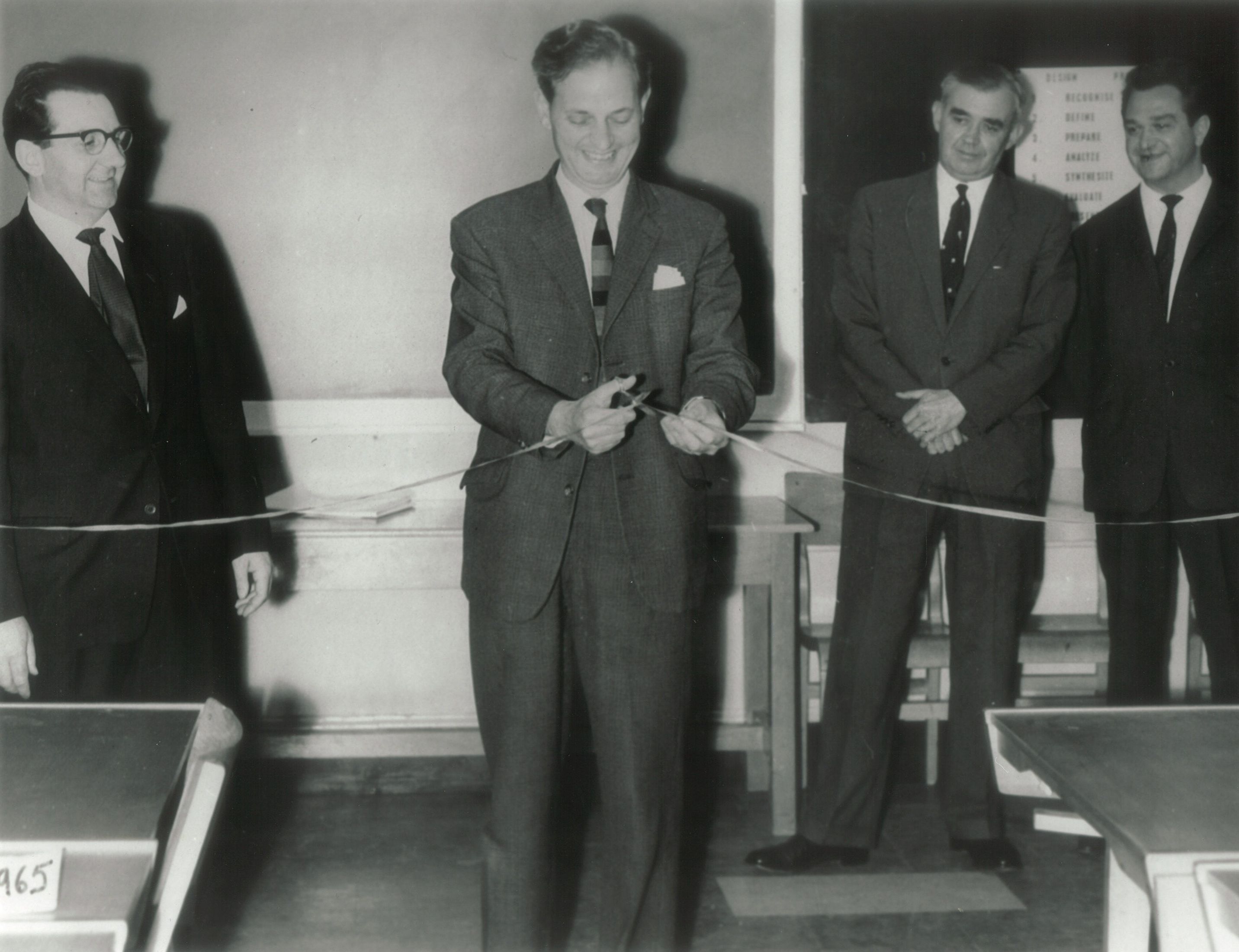 Black and white photographic image showing Professor Joseph Black opening the first annual School of Engineering Design and Project Exhibition, Bristol College of Science & Technology, Ashley Down, Bristol, Summer 1965.